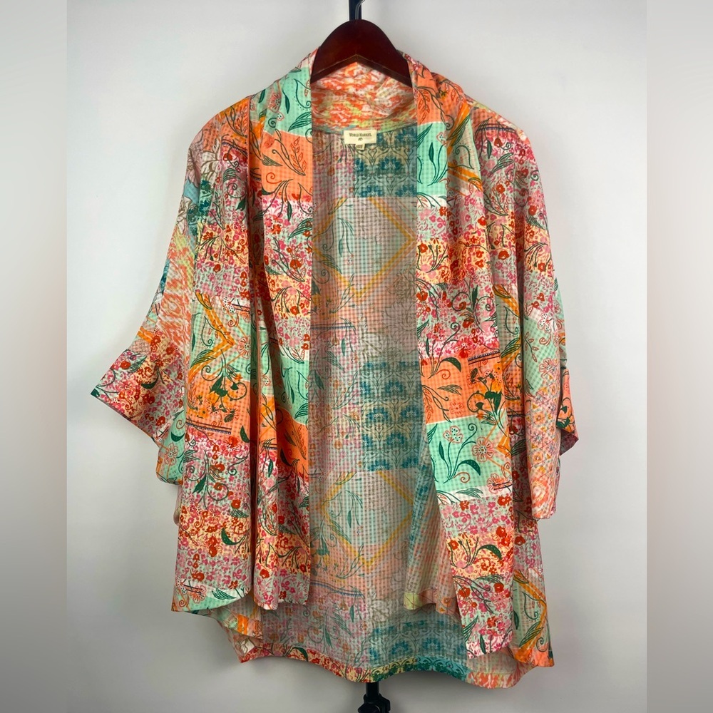 World Market Patchwork Floral Short Sleeve‎ Pastel Open Front Kimono Cardigan